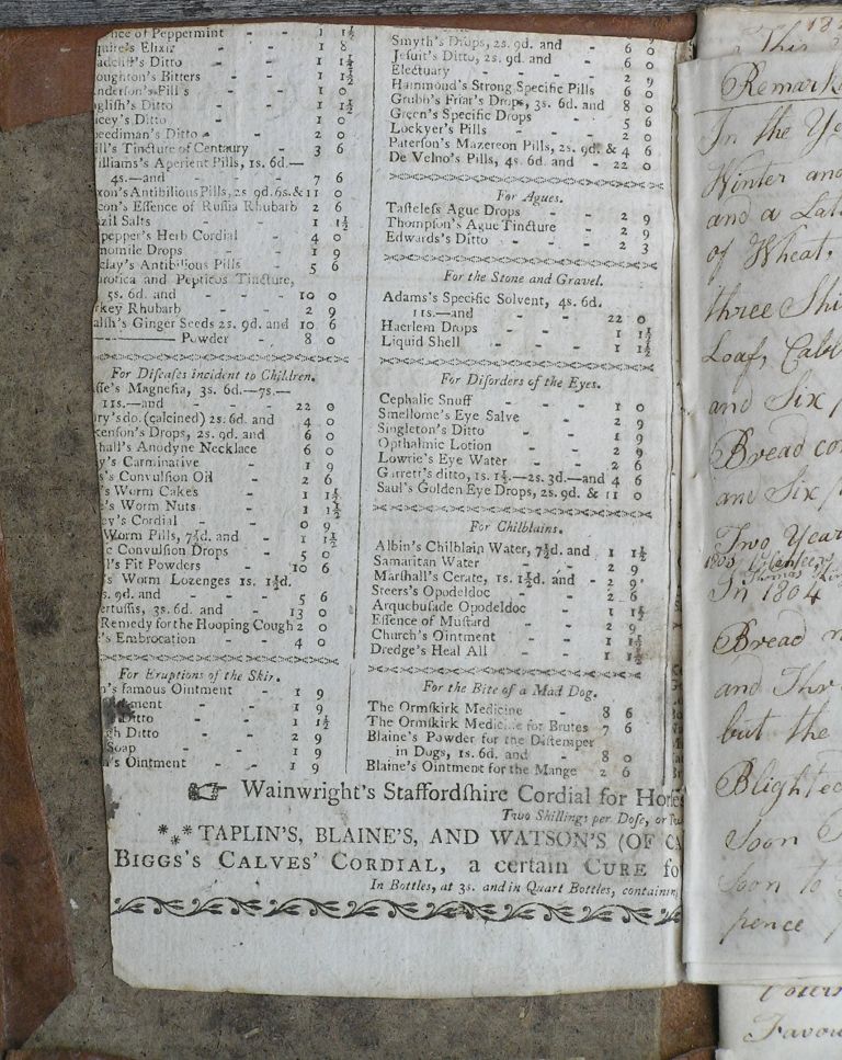 Price list with Thomas Burrough's Diary 1800
